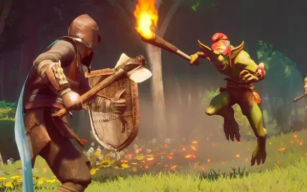 A vibrant HD wallpaper from RuneScape: Dragonwilds, depicting a warrior with a shield facing off against a goblin wielding a flaming torch in a dynamic forest setting.