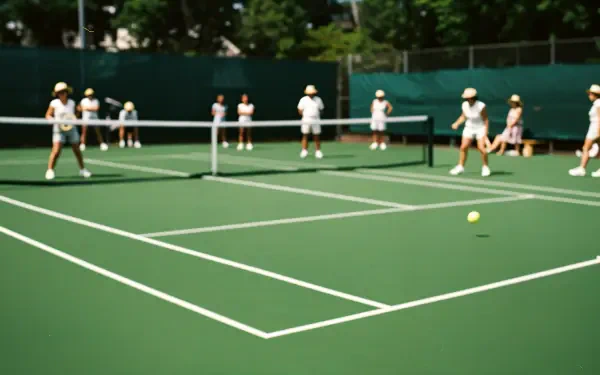 A vibrant tennis court scene showcasing players in athletic attire, captured in stunning 4K Ultra HD, ideal as a desktop wallpaper or background for sports enthusiasts.