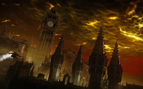A dramatic 4K Ultra HD wallpaper featuring dark, gothic architecture against a fiery sky, inspired by the video game The Duskbloods.