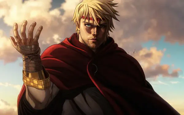 A striking 8K Ultra HD wallpaper featuring Canute from Vinland Saga, standing confidently against a dramatic sky, embodying strength and charisma in anime art style.