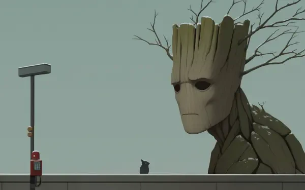 A melancholic Groot stands tall against a muted background, with bare branches extending from his head, evoking a sense of sadness in this HD PC desktop wallpaper.