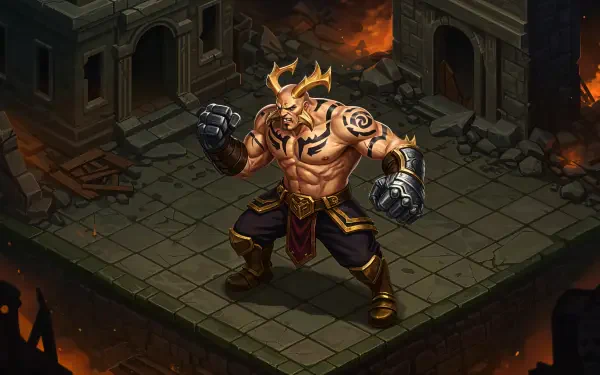 A dynamic 4K Ultra HD PC desktop wallpaper featuring a muscular character with tribal tattoos, set in a dramatic, partially ruined environment with fiery elements.