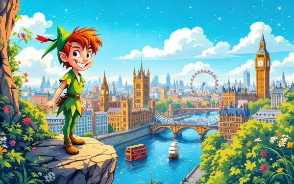 A vibrant 4K Ultra HD wallpaper featuring Peter Pan, standing confidently on a cliff with a scenic view of London’s skyline, including the London Eye and Big Ben.