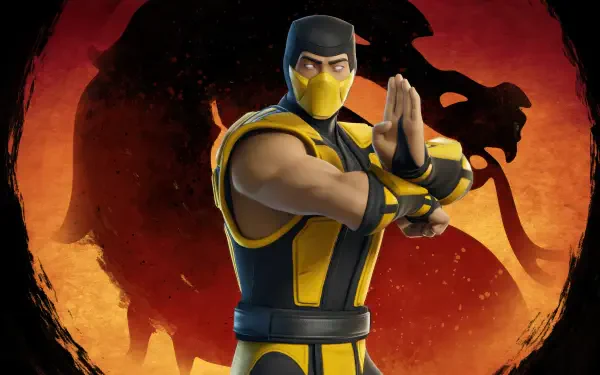 4K Ultra HD Fortnite Battle Royale wallpaper featuring Scorpion from Mortal Kombat in his iconic yellow and black outfit with a fiery background.