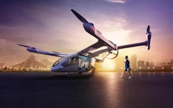 A futuristic eVTOL flying taxi is showcased against a stunning sunset skyline, highlighting the innovation in aircraft design. Perfect as a 4K Ultra HD desktop wallpaper.