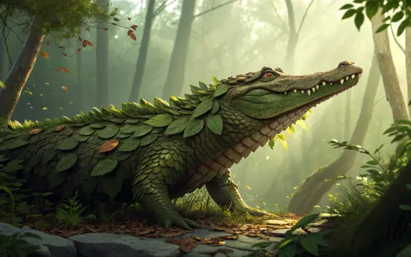 A detailed alligator covered in leaves rests in a sunlit forest, showcasing vibrant greenery and a serene atmosphere. This stunning 4K Ultra HD image serves as a captivating PC desktop wallpaper.