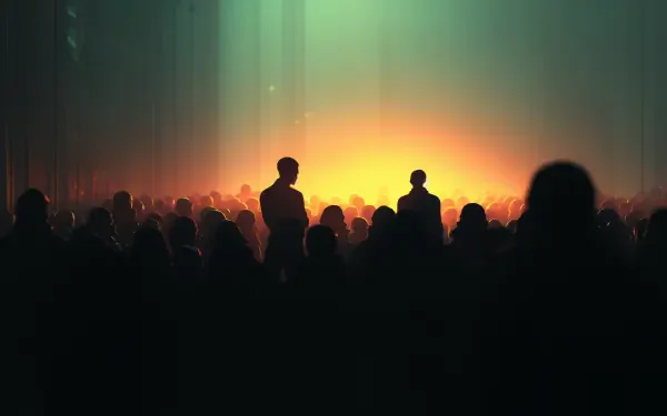 A captivating 4K Ultra HD image depicting a crowd of silhouetted figures following a mesmerizing light source, creating a sense of unity and intrigue. Perfect for an NPC-themed background.