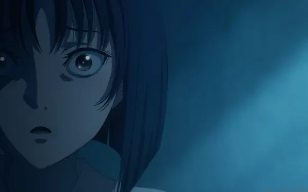 A close-up of a girl with wide eyes, illuminated by soft blue light, from the anime Kijin Gentōshō, making for an engaging HD PC desktop wallpaper and background.