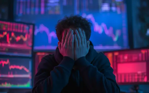 A frustrated individual covers their face in front of multiple screens displaying a stock market crash, captured in a dramatic 4K Ultra HD wallpaper.