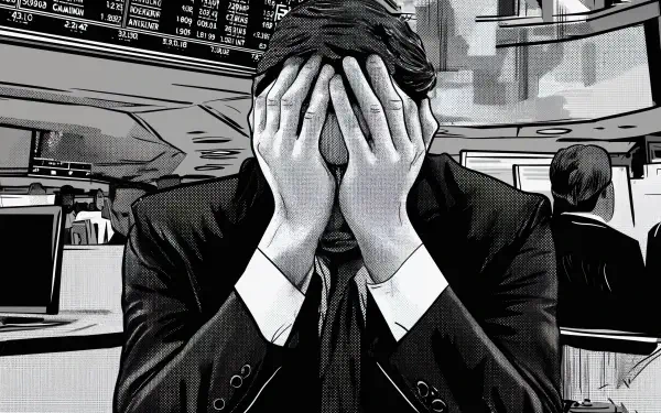 A distressed man in a suit covers his face in a stock market trading room, reflecting the intensity of a market crash. 4K Ultra HD wallpaper captures the emotional turmoil.