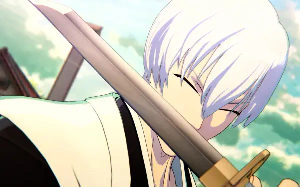 A character from Bleach: Rebirth of Souls with white hair holds a sword close to his face, set against a vibrant sky background. HD PC desktop wallpaper design.