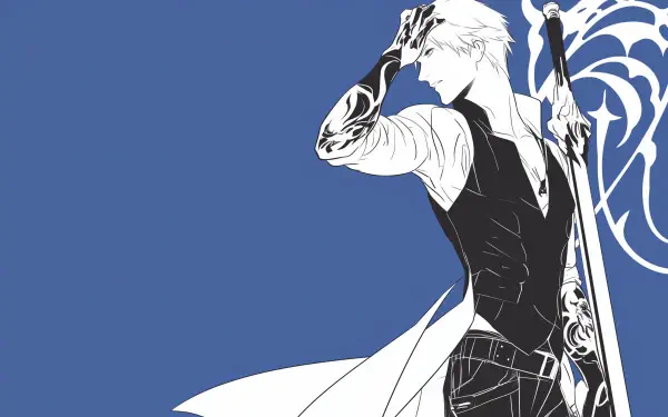 Dante from Devil May Cry stands confidently in this HD PC desktop wallpaper, showcasing his iconic look against a stylized blue background. A dynamic representation of the video game character.