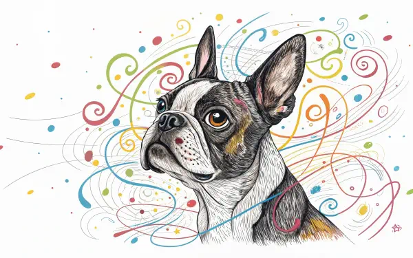 A vibrant illustration of a Boston Terrier with expressive eyes, surrounded by colorful swirls and patterns, designed as a 4K Ultra HD desktop wallpaper.