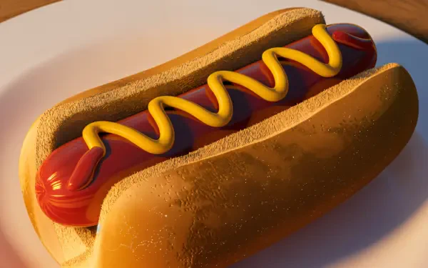 A delicious hot dog on a plate, featuring a juicy sausage topped with ketchup and mustard, displayed in vibrant 4K Ultra HD detail, perfect for a desktop wallpaper.