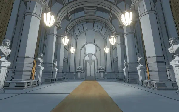 A stunning 4K Ultra HD wallpaper featuring a grand, hollow space adorned with ornate columns, elegant lighting, and statues, inspired by the video game Blue Prince.