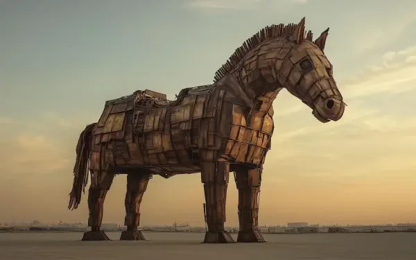 A detailed depiction of a Trojan Horse, crafted from wood, set against a dramatic sky. This striking image serves as an HD PC desktop wallpaper and background.