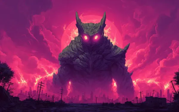 A giant monster looms against a dramatic pink and purple sky, casting an imposing shadow over a desolate landscape. This vivid artwork captures the essence of fantasy.