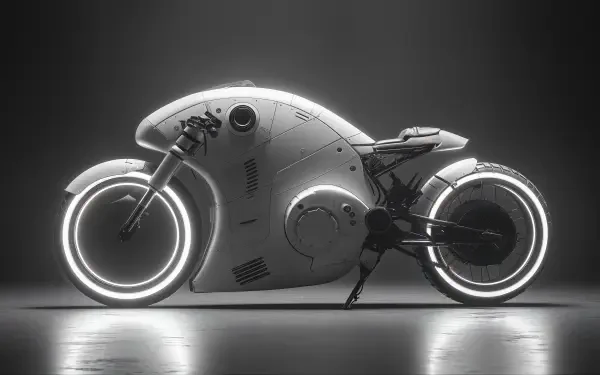 A futuristic motorcycle with sleek, aerodynamic design and illuminated wheels set against a dark background, showcased as a stunning 4K Ultra HD PC desktop wallpaper.