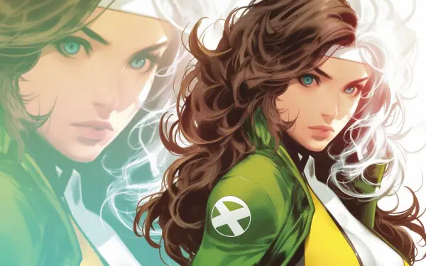 A vibrant HD wallpaper featuring Rogue from X-Men, showcasing her iconic green jacket and striking green eyes, capturing the essence of this powerful Marvel character.
