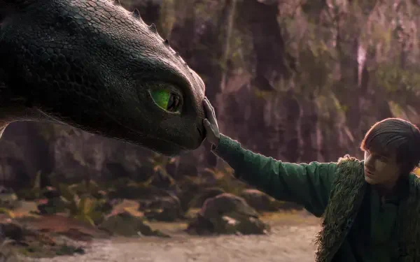 A scene from *How to Train Your Dragon (2025)* featuring a young man gently touching the nose of a dragon, set against a mystical landscape. This 4K Ultra HD wallpaper captures a moment of connection.