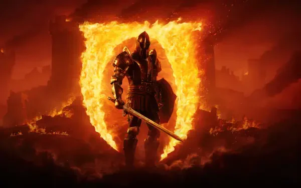 A fierce warrior stands in illuminated armor amidst flames, embodying strength and valor in a scene inspired by The Elder Scrolls IV: Oblivion. A striking HD wallpaper.
