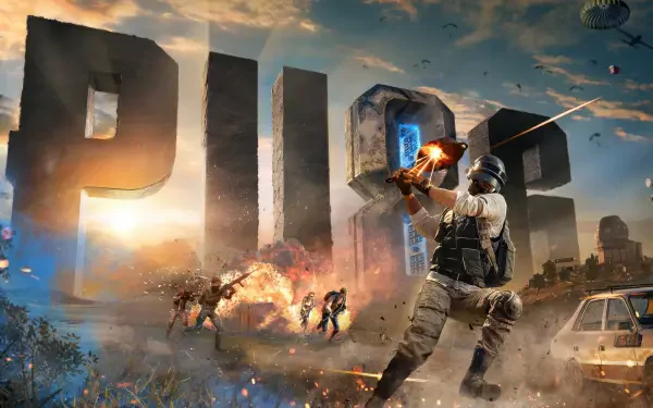 A dramatic explosion unfolds in a vibrant scene from Playerunknown's Battlegrounds, showcasing an action-packed moment with players engaged in combat amidst towering letters.