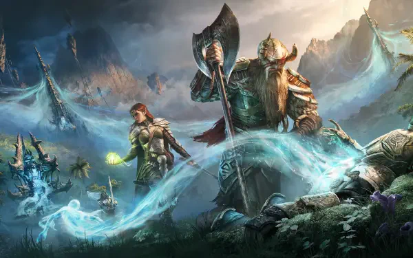 A striking HD wallpaper from The Elder Scrolls Online, featuring a Viking warrior wielding an axe alongside a mage, set against a fantasy landscape filled with mystical elements.