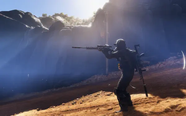 A sniper in Tom Clancy’s Ghost Recon Wildlands takes aim amidst a dramatic landscape, highlighted by sunlight filtering through the mountains, set as a stunning 4K Ultra HD wallpaper.