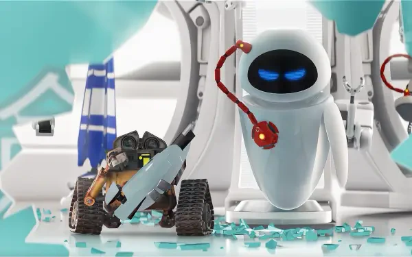A vibrant HD desktop wallpaper featuring Pixar's characters Wall·E and Eve amid a backdrop of shattered glass, capturing their adventurous spirit and friendship.
