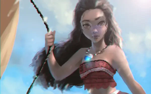 A vibrant HD desktop wallpaper featuring Moana Waialiki from the movie Moana, showcasing her determined expression and signature outfit against a bright, scenic background.