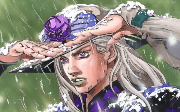 Anime-inspired HD wallpaper featuring a character from Jojo's Bizarre Adventure: Steel Ball Run, with striking purple eyes and a dramatic expression under rain.