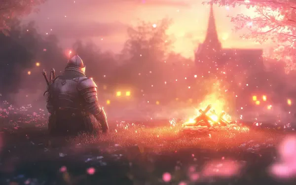 A medieval knight sits quietly by a warm bonfire, surrounded by cherry blossoms and softly glowing lights, creating a serene fantasy landscape at dusk.