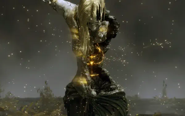 A stunning HD wallpaper featuring Queen Marika the Eternal from the video game Elden Ring, surrounded by ethereal sparkles in a mysterious landscape.