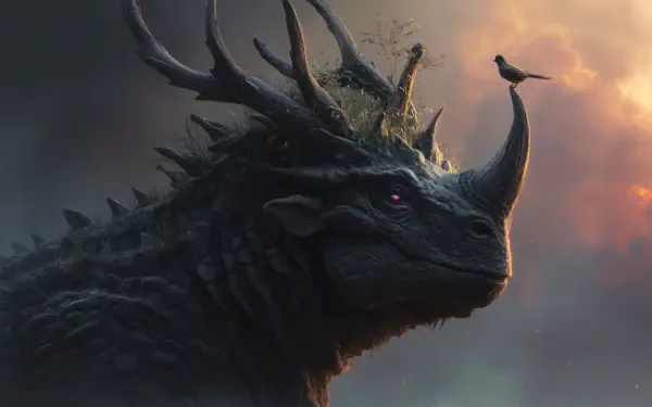 A majestic dragon with antler-like horns and a bird perched on its head, set against a dramatic sky. This 4K Ultra HD wallpaper brings fantasy to life.