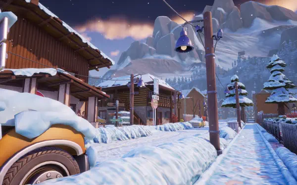 A serene winter scene from the video game Neighbors: Suburban Warfare, showcasing snow-covered houses and a quiet street under a mountainous backdrop in vibrant 4K Ultra HD.
