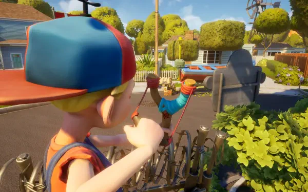 A colorful scene from the video game Neighbors: Suburban Warfare, featuring a young character aiming with a bow in a vibrant suburban neighborhood with lush greenery.