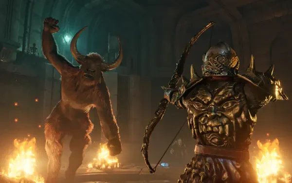 A dramatic scene from The Elder Scrolls IV: Oblivion featuring a menacing minotaur and an armored warrior, set against a backdrop of flickering flames in a dark environment.