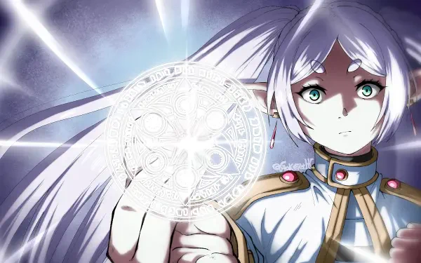 An HD desktop wallpaper featuring a character from Frieren: Beyond Journey's End. The image shows a white-haired figure with striking green eyes, conjuring a magical symbol.