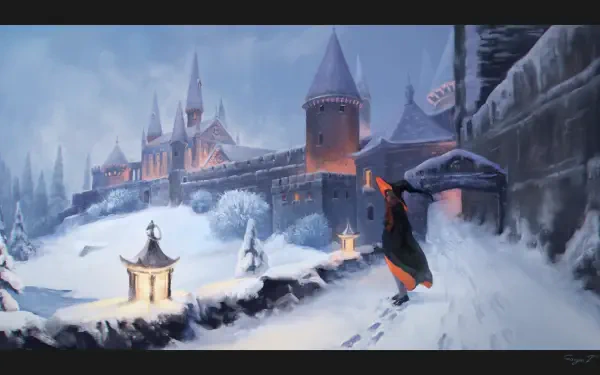 A wizard in a flowing robe walks through a snowy landscape towards a majestic castle, surrounded by a winter wonderland and softly glowing lanterns.