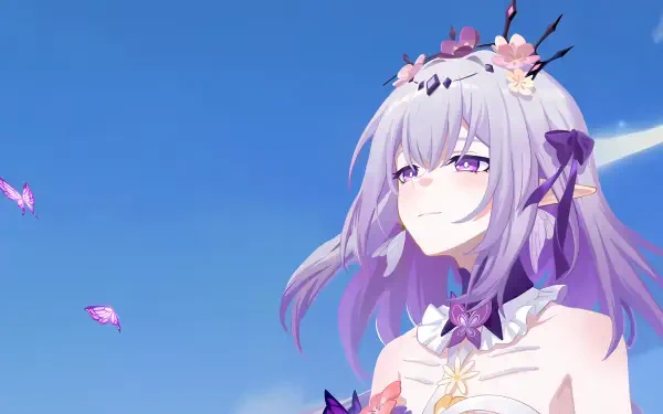 A captivating 4K Ultra HD wallpaper featuring Castorice from Honkai: Star Rail, set against a vibrant blue sky with delicate butterflies floating around.