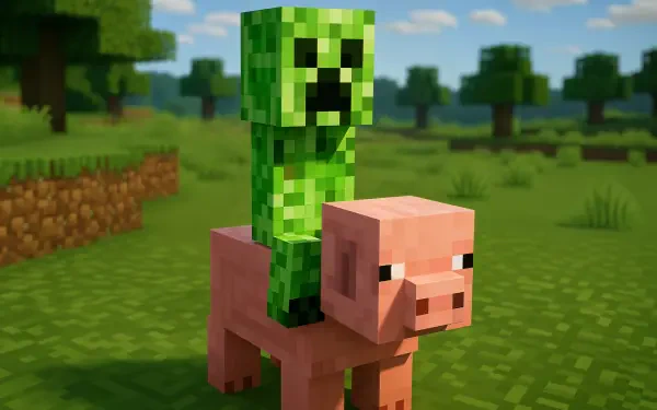 4K Ultra HD Minecraft wallpaper featuring a Creeper riding a pig in a vibrant blocky landscape with trees and grassy terrain.