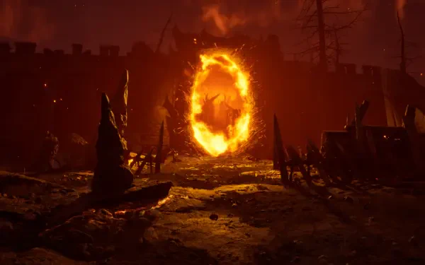 HD PC desktop wallpaper featuring a fiery portal from the video game The Elder Scrolls IV: Oblivion, set in a dark, eerie landscape.