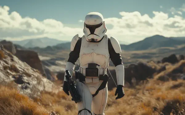 HD PC desktop wallpaper featuring a Star Wars scout trooper walking through a rugged desert landscape under a cloudy sky.