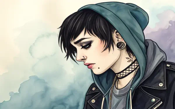 Emo-styled digital art of a pensive young person with black hair, piercings, and a hoodie, rendered in 4K Ultra HD as a PC desktop wallpaper and background.