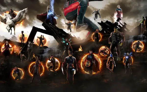 Epic 4K Ultra HD wallpaper featuring Avengers heroes including Captain America, Doctor Strange, and Black Panther from Marvel Comics in a dynamic battle scene.