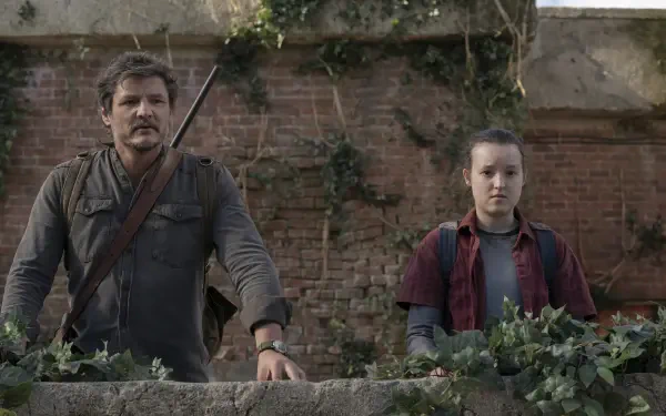 4K Ultra HD wallpaper featuring Joel and Ellie from The Last of Us Season 2 TV show, set against a rustic brick wall with greenery.