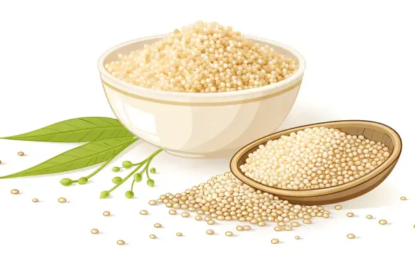 Close-up of quinoa grains in a bowl and wooden scoop with green leaves, presented as a vibrant 4K Ultra HD PC desktop wallpaper and background.