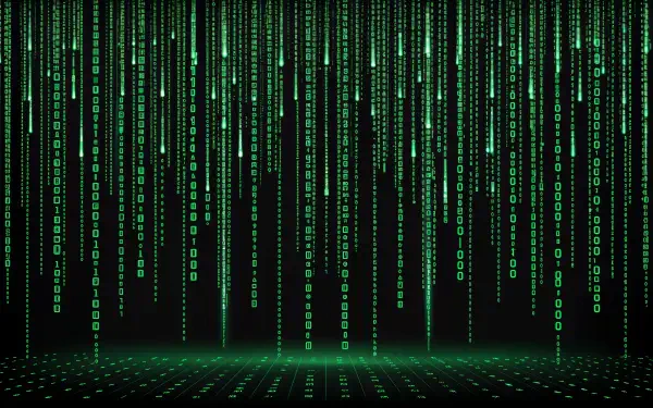 The Matrix-inspired 4K Ultra HD PC desktop wallpaper features cascading green digital code on a black background, creating a futuristic cybernetic atmosphere.