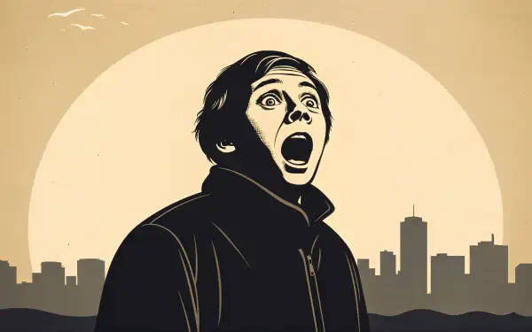 A surprised person with mouth open stands against a city skyline and large sun, rendered in a 4K Ultra HD PC desktop wallpaper style.