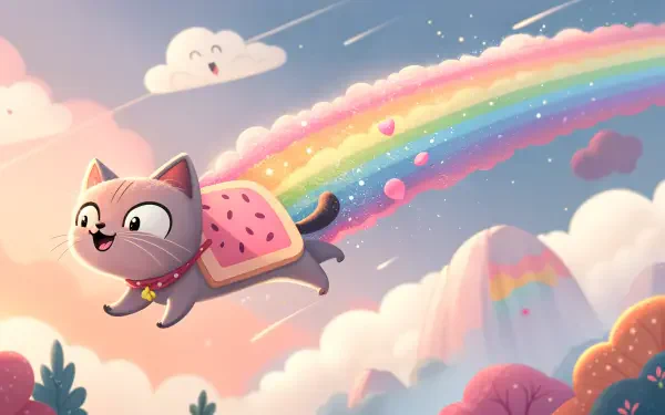 4K Ultra HD PC desktop wallpaper featuring a cheerful nyan cat flying through a pastel sky, leaving a trail of colorful rainbow and hearts behind.